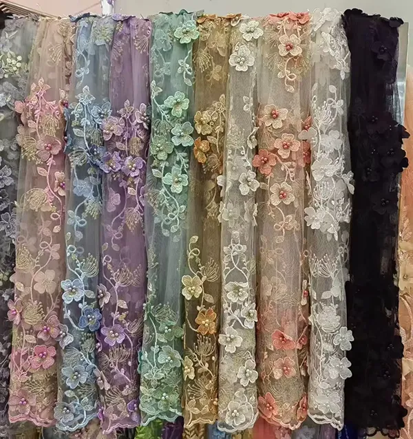 3d Embroidery Flower Applique Beads And Sequins Embroidered Lace Fabric