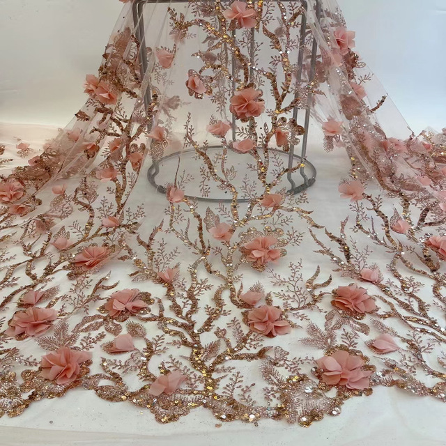 Bead Lace 2024 Mesh 3d Embroidered Applique Flower Embroidery Tulle Fabric