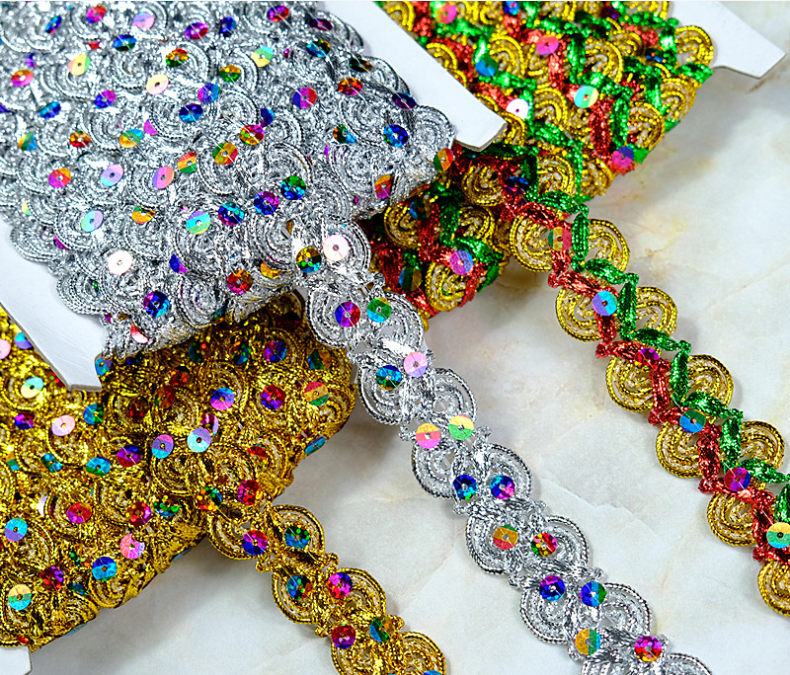 Accessori di abbigliamento oro e argento bordo metallico rivestimento in pizzo metallizzato con paillettes in oro da ricamo