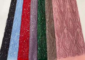 tessuto in pizzo con paillettes e perle per abito da sposa nuziale