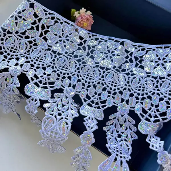 Merletto personalizzato all'ingrosso con paillettes in rilievo e rifinitura in pizzo ricamato con paillettes